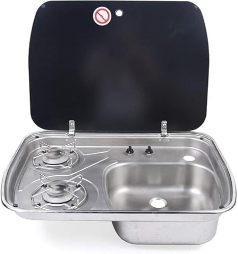Fornello da campeggio a gas a 2 fuochi con lavello in acciaio inox combinato e copertura in vetro, per cucina all'aperto, camper, camper, roulotte, uso a gas GPL