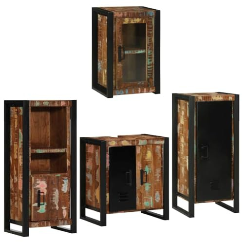 Armadietto da bagno sotto il lavandino, set di mobili da bagno con porta, 4 pezzi, multicolore in legno massiccio, con cassetti per sotto lavandino, lavello, mobiletto da bagno