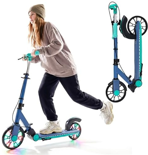 GOPLUS Cityroller für Erwachsene & Jugendliche, höhenverstellbarer Roller, Tretroller mit Hinterradbremse & Handbremse, klappbarer Scooter mit 2 LED Rädern, Kinderroller bis 100 kg belastbar