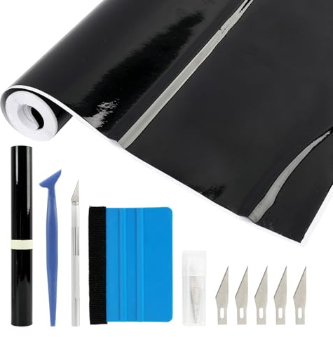 Vinilo Adhesivo Negro Brillante para Coches 300x30cm, Protección Impermeable y Sin Burbujas, Kit Completo con Herramientas, para Decoración Exterior de Automóviles, Motos, Bicicletas y Muebles
