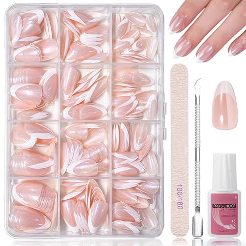 French Press On Nails Glitzer Almond Kurz - 240 Stück Nägel Zum Aufkleben Tips, pearl künstliche Nägel, soft gel Natürliches Full Cover Fingernägel mit Nagelkleber - Geeignet für Frauen Nageldesign