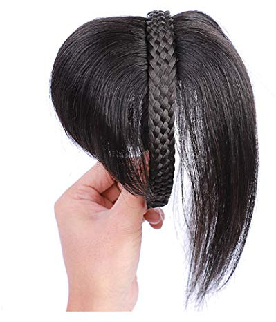 Yanamy Clip in geflochtenem Band Echthaar-Kronenaufsatz für weibliche Glatzen, mit geradem Pony, 25,4 cm, natürliches Schwarz