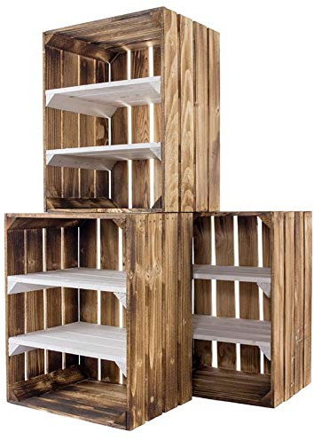3X Vintage-Möbel24 geflammte/flambierte Obstkiste mit 2 weißen Zwischenbrettern 50cm x 40cm x 30cm Holzkiste Rega Box