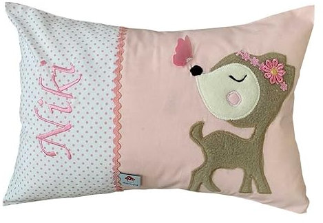 Glückspilz Namenskissen Babykissen I REH Bambi I mit Namen personalisiert I Geschenk zu Geburt, Taufe oder Geburtstag I Rot Rosa (30 x 45 cm)