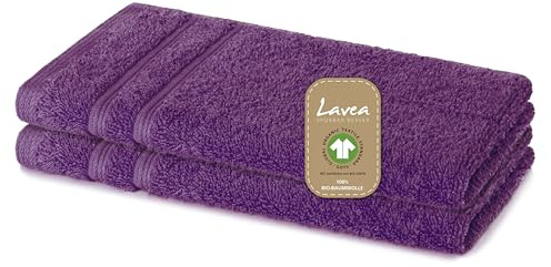 Lavea® 2 Serviettes Invité 30x50 cm en Éponge de Coton Biologique 100% Douces et Absorbantes, pour la Maison, l’Hôtel et Le Spa – Idéales également comme Serviette Visage et Mains – Violet