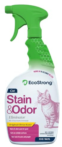 Eco Strong Cat Stain And Odor Remover | Enzyme Urine Odor Neutralizer - Stain Remover for Carpet, Litter Boxes, Bedding, and Laundry [Citrus Scent, 32 oz. Spray]