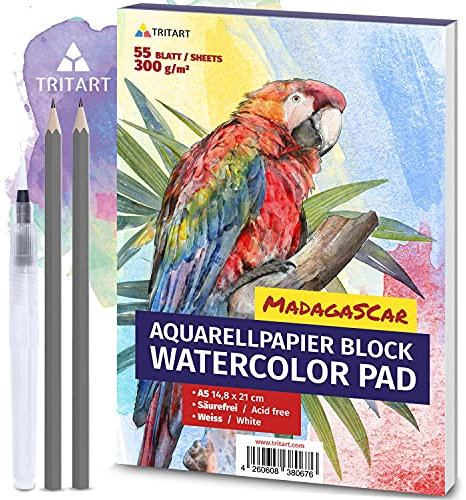 Tritart 55 Blatt Aquarellpapier A5 300g Set - Aquarellblock Din A5 - Aquarell Papier in Weiß - Malpapier inkl. Water Brush Wassertankpinsel und 2 Bleistifte