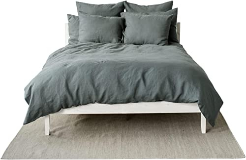 My Linen Home Set Copripiumino/Biancheria da Letto in Lino Lavato (100% StoneWashed) Verde scuro, 1 Copripiumino 240x220 cm e 2 Federa Cuscino Lino 40x80 cm I Copripiumino Con Cerniera