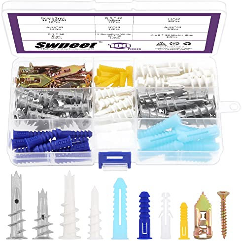 Swpeet 100Pcs 9 Styles Plastic Wall Anchors Hollow Wall Anchors Drywall Anchors Assortment Kit, Self Drilling Drywall Plastic Anchors Self Tapping Anchor for Hanging - No Pre Drill Hole