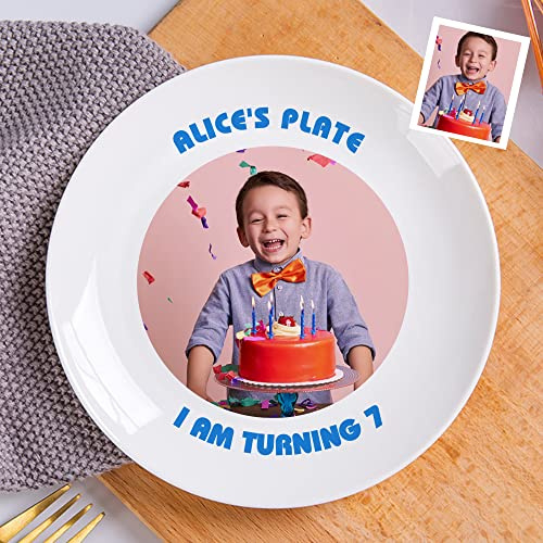Personalised Ceramic Dinner Plates Custom Photo, Picture, Text, Logo - White Round 8inch, Kitchen Microwave & Dishwasher Safe, Thanksgiving Holiday Christmas Party Dinnerware Plates Gifts for Kids