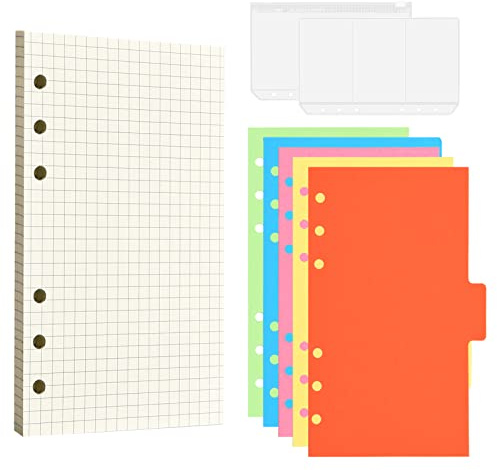 80 Blätter A6 Nachfüllbare Refill Paper, A6 Papier Nachfüllpapier Set, Linierte Nachfülleinlagen für 6 Ring Binder Notizbuch mit 5 Trennblätter, 2 Umschlägbeutel für A6 Notizbuch, Tagbuch, Malerei (A)