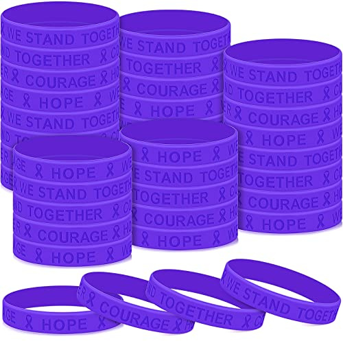 Kigeli 100 Pcs Purple Ribbon Awareness Silicone Bracelets for Suicide Prevention Lupus Domestic Violence Alzheimer Epilepsy Pancreatic Overdose Wristbands Hope Strength Faith Courage Bracelets, Rubber