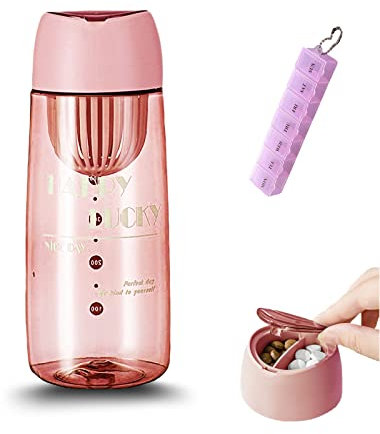 Portapillole Settimanale con Bottiglia d'acqua, 2 en 1 Portapillole Portatile per Esterni, Pillole Organizzatore 7 Giorni per Viaggio, 600ml, 7 Scomparti, Portapillole per Esterni, Viaggi (Rosa)