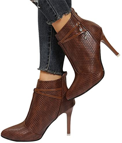 tinetill Bottines Femme Talon Aiguille Bout Pointu Talon Haut Bottes en Similicuir Texturé avec Fermeture Éclair Mode Talon Élégant Chaussures Habillées Automne Hiver Bottines