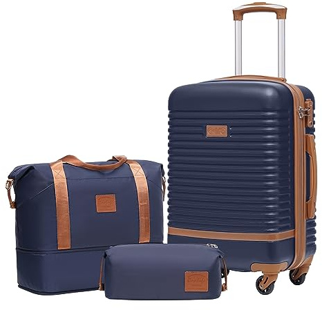 COOLIFE Suitcase Set 3PC - 20 Lightweight ABS Hard Shell Luggage + Travel Bag， Small Suitcase with 360° Wheels, TSA Locks for Family Travel, Cruise & Long Trips Blue/Brown
