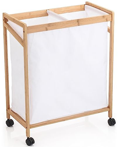 BAKAJI Cesto Porta Biancheria Sporca Salvaspazio in Bambù e Tessuto Bianco con 4 Ruote Girevoli a 360°, Materiali Anti Odori, Sacca Slim Portabiancheria, Organizer Bucato Capiente, 60 x 33 x 75 cm