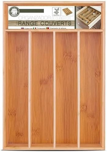 DAMDAM GO - Cubertero Cajon, Organizador de Cubiertos, cubertero mandera Bambu 5 Compartimentos - 5 Compartimentos