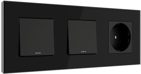PULSAR Taster/Schalter/Steckdose Unterputz Schwarz Glas 3 Fach, Wipptaster Lichtschalter Wandsteckdose mit Kindersicherung in Glasrahmen