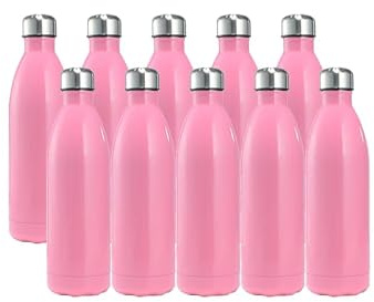 10 unidades Botella de agua aislada de acero inoxidable de 1 litro, elegantes botellas de agua aisladas, mantiene el calor y el frío, tapas 100% a prueba de fugas (rosa, paquete de 1 L, 10 unidades)