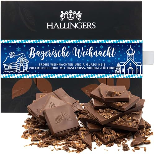 Hallingers Genuss Manufaktur Schokolade Weihnachts-Geschenk - Tafel handgeschöpften Edelkakaos ohne Alkohol edler Karton Bayerische Weih... Haselnuss, Weihnachten für Frauen Männer