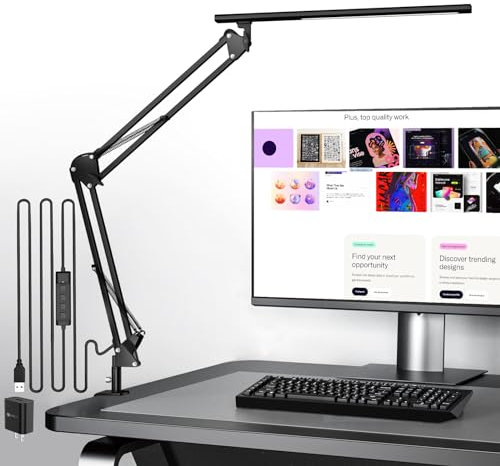 Schreibtischlampe für das Heimbüro, Schreibtischlampe Klemmbar , Architektenleuchte mit QC3.0 Adapter, Fresnel Linse, Tischlampe, 5 Farbmodi und Helligkeit, Klemmlampe mit Speicherfunktion, Schwarz