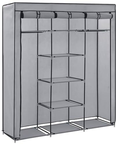 Gecheer Kleiderschrank Stoffschrank mit Fächern und Stangen,Abmessungen:150 x 45 x 175 cm (B x T x H),Material:Vlies,Grau