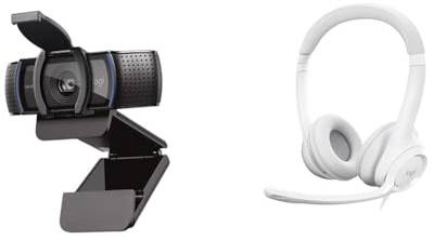 Logitech C920S HD Pro Webcam, Full HD 1080p/30fps Video Calling, Clear Stereo Audio & H390 Wired Headset for PC/Laptop, Stereo Headphones with Noise Cancelling Microphone, Off White