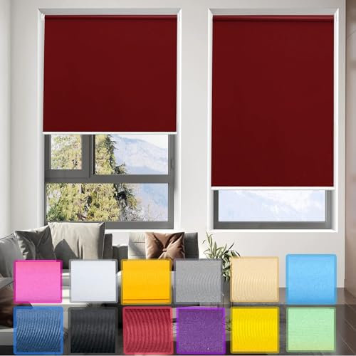 Rollo ohne Bohren Verdunklungsrollo 85 x 80 cm Sonnenschutz und Sichtschutz Seitenzugrollo Verdunkelung Rollos mit Klämmträger, für Fenster und balkontür, Rot