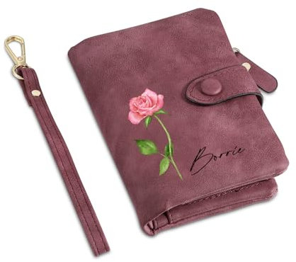 Wamantic Geldbörse Damen Leder Personalisierte Geschenk für Frauen: Portemonnaie Damen mit Namen und Geburtsblume Mama Geschenk Muttertag Mutter Geschenk Freundin Geburtstag