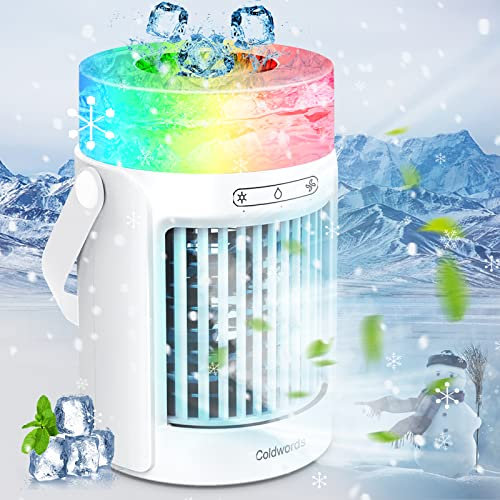 Portable Air Cooler, 3-in-1 Evaporative Air Cooler, Portable Air Conditioner with 3 Fan Speeds & 600ML Water Tank & 7 LED Lights, USB Rechargeable Personal Air Coolers for Home/Office/Indoor/Outdoor