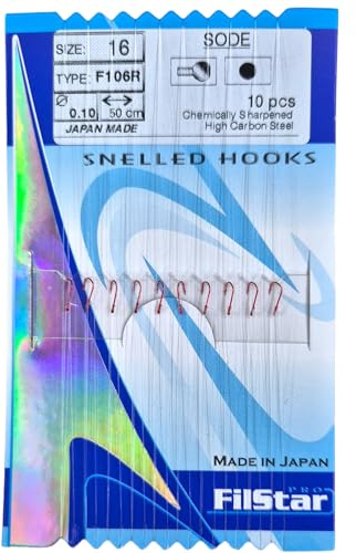 PRO FILSTAR Rotes Angelhaken Set mit Vorfach 10 STK, N16, Mono Angelschnur | 50cm,DIA 0,10mm - Schleien & Weißfische Gebundene Haken - Fishing Hook - Vorfachschnur - Monofiler Vorfächer - Sport Set