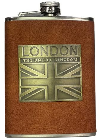 LILAJ Stainless Steel Hip Flask with PU Leather Cover, Portable Pocket Flagon for Whiskey Lovers, Hiking, Barbeque, Party, Camping, London, Union Jack, Souvenir Gift for Men and Women 8oz
