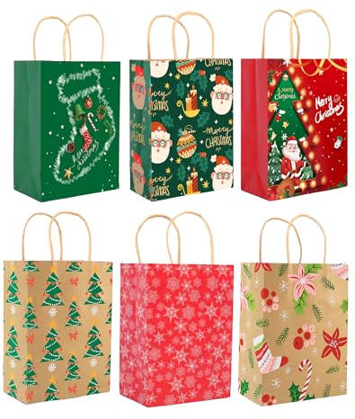 Geschenktüten Weihnachten, 12 Stück Weihnachtstüten Papiertüten mit Griff, Weihnachts Kraft Geschenktaschen für Geschenke, Gebäck, Partyzubehör(8.85x7.08x3.5 Inches)