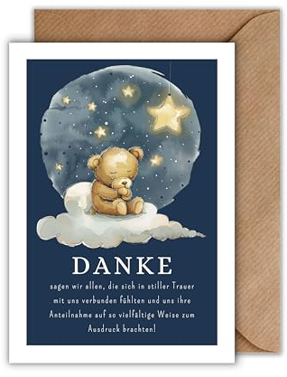 10x Danksagungskarten Sternkind mit Umschlag - Teddybär im Sternenhimmel Danksagung Trauerkarte Kindestot Danksagungskarte Trauer Kind Kondolenzkarten Niedlicher Trauer Text (DIN A6)
