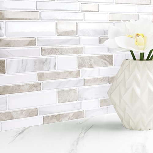 Livelynine Kitchen Tile Stickers White Marble Bathroom Stick on Tiles Cream Stone 30x30CM 32 Sheets Wall Tiles Self Adhesive 3D Light Brown Heat Resistant Sticky Tile Sticker for Fireplace Surround