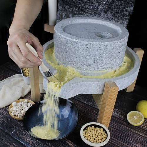 Stone Mill Grinder, Wet Dry Cereal Mill, Household Handmade Stone Mill for Grain, Bean, Sesame Seeds, Peppers, Spices, Hand Crank Powderiser with Wooden Frame, Easy to Clean,25 * 35cm