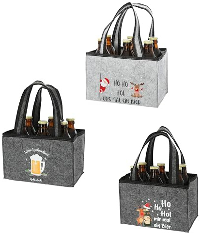 MC-Trend Borsa da uomo di Natale: divertente porta birra in feltro per 6 bottiglie – regalo per uomini per Natale, grigio., 3 tasche / 3 motivi assortiti