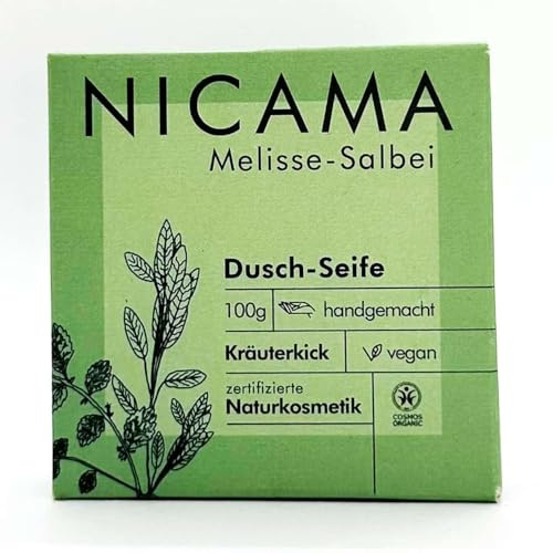 Nicama - Duschseife Melisse-Salbei (COSMOS) – 100g - Naturseife ohne Plastik, Vegan, Palmölfrei, Tierversuchsfrei