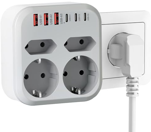 Ladron Enchufes Multiple Plano 10 en 1,Enchufe Regletas con 6 USB 3500W | Regletas Enchufes Pared con 2 Schuko y 2 Enchufe EU,Enchufe Doble para Móvil ,Familia,Oficina,Cocina, Gris Blanco Negro
