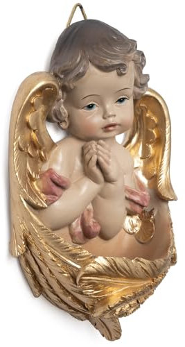 Moritz Wandfigur betender Engel mit goldenen Flügeln - 14 cm hohe Dekofigur aus Polyresin - Wand-Weihwasserkessel als religiöse Wanddekoration - Engelfigur mit Wasserschale