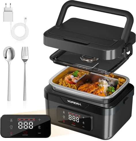 Yofidra Fiambrera eléctrica de 1,5 L, con batería, pantalla digital, resistente al agua IPX4, calefacción instantánea y control de tiempo, placa separadora extraíble para trabajo, viajes y viajes