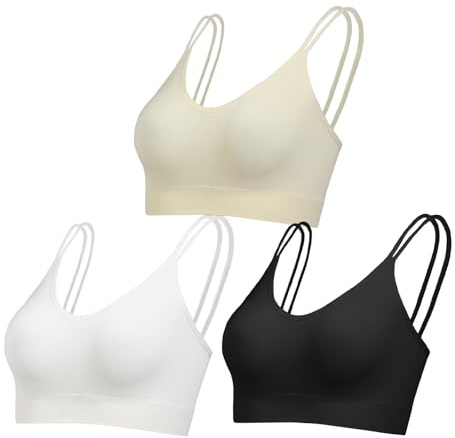 Comfyin Ovadderade braletter för kvinnor med stöd sömlösa sov-bh v-ringad sport-bh:ar icke-trådbundna ribbade underkläder, Svart+beige+vit, S