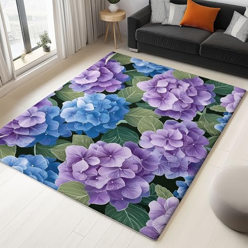 Tappeti per soggiorno, sala da pranzo, camera da letto, adulti e adolescenti, cucina Fl Ortensia Viola Blu, Pelo corto morbido, leggero e antiscivolo 140 x 200 cm