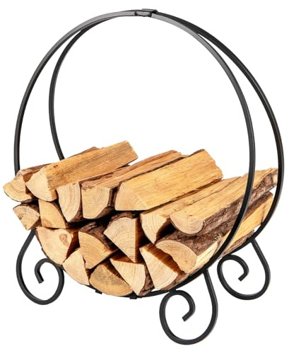 TANGZON Fireplace Log Rack, Heavy Duty Firewood Rack, Rust-resistant Wood Stacking Storage Holder Stand for Indoor Outdoor, Black (Round Shape, with Curved Legs)