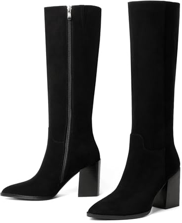 vivianly Women's Knee High Boots, Pointed Toe, Block Heeled Zip Up High Boots, Stylish Retro Suede Boots