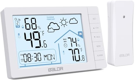 Konsen Wetterstation Funk mit Außensensor DCF Funkuhr, Digital Thermometer/Hygrometer für Innen und Außen, Hinterbeleuchtung, Wettervorhersage, Weiß