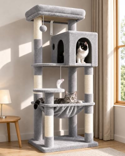 Globlazer F53 Kratzbaum mit Hängematte 45 * 40cm für Große Katzen Kätzchen | Katzenbaum Stabil Einfach zum Aufbauen mit Große Katzenhaus Plattform Kratzfläche für Katzen Innen Ruhen Liegen Krallenwetzen