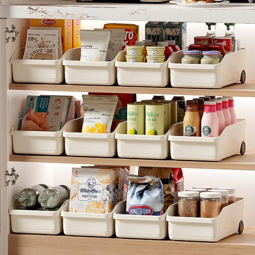 HQahnekme 3 Stück Kunststoffe Küchenschrank Organizer Mit Rädern,Aufbewahrungskorb 31.5x18x10cm,multifunktional Organizer Box Körbe Aufbewahrung für Küchen Badezimmer Schrank Büro(Offwhite-shortBig3)