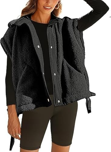 Omoone Womens Sherpa Vest Oversized Fleece Lined Gilet with Pockets | Button-Down, Stand Collar, Lightweight, Fluffy Waistcoat, Versatile Layering, Casual Street Style, Body Warmer Outerwear