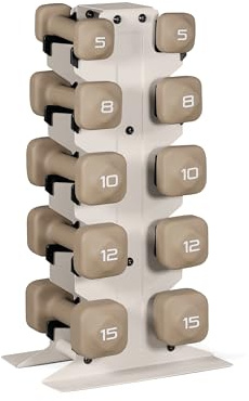 Tone Fitness 100 LB Neoprene Dumbbell Set with Storage Rack – Non-Slip, Anti-Roll Hand Weights for Home Gym Workouts | Light Rack and Beige Dumbbells